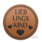 Preview: 1 Stück - KuNSTLEDER LABEL - KREIS LIEB LINGS KIND  - AUFNÄHER MIT VORGEDRUCKTER NÄHNAHT - 50mm