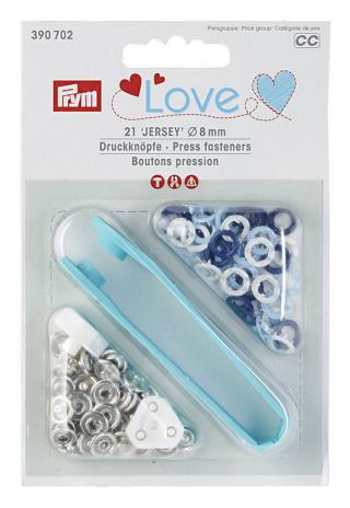 1 Packung - 21 PRYM LoVE  JERSEY Druckknöpfe - 8mm - hellblau/dunkelblau/weiß 390702