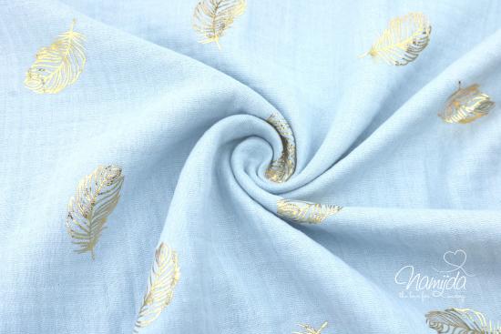 0,5 MTR. ♥ FEDERTRAUM  FoLIENDRuCK MuSSELIN - HELLBLAU/GoLD- DouBLE GAUZE ♥