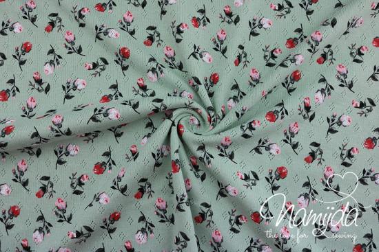 0,5 MTR. ♥ BAUMWOLLJERSEY ROSES POINTOILLE - MINT Lochstickerrei ♥