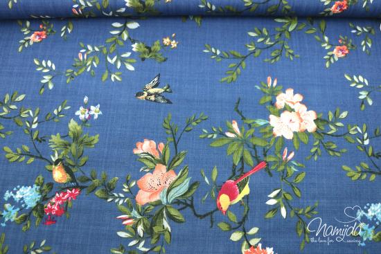 0,5 MTR. ♥ BAUMWOLL VISKOSE LEINEN FLOWERS & BIRDS NAVY ♥