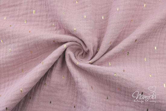 0,5 MTR. ♥ LiTTLE GOLDEN STRiPES GOLDEN  MuSSELIN - FLIEDER - DouBLE GAUZE ♥