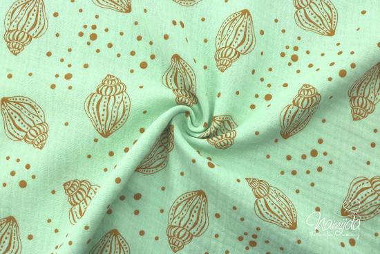 0,5 MTR. ♥ SHELLS and DOTS  MuSSELIN - MINT/SENF - DouBLE GAUZE ♥