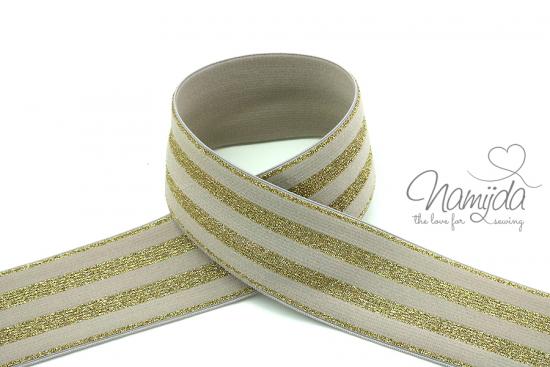 1 MTR.  GLITZER GuMMIBAND STRIPES CREME/GoLD - 4cm