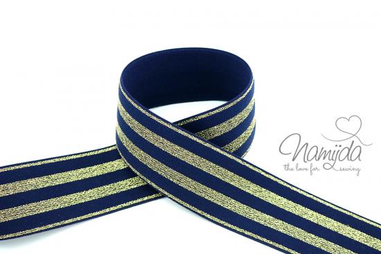 1 MTR.  GLITZER GuMMIBAND STRIPES NAVY/GoLD - 4cm