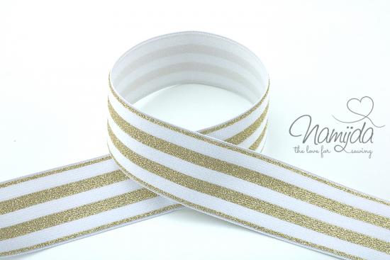 1 MTR.  GLITZER GuMMIBAND STRIPES - WeiSS/GoLD - 4cm