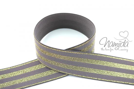 1 MTR.  GLITZER GuMMIBAND STRIPES - TAUPE/GoLD - 4cm