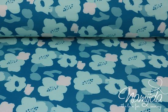 0,5 MTR. ♥ SOFTSHELL AQUARELL FLOWERS AQUA/TüRKIS ♥