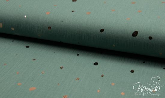 0,5 MTR. ♥ FOIL GOLDEN DOTS/PüNKTCHEN DuSTY MINT MUSSELIN ♥