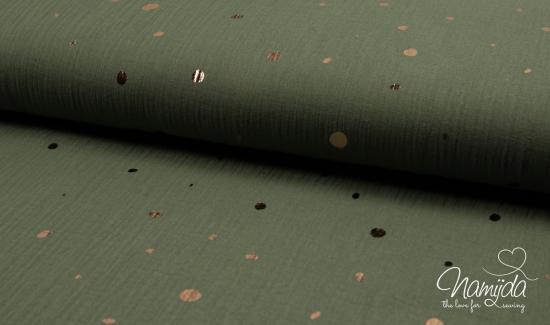 0,5 MTR. ♥ FOIL GOLDEN DOTS/PüNKTCHEN KHAKI MUSSELIN ♥