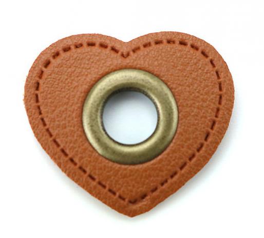 1 STÜCK HERZ KuNSTLEDER ÖSEN Patch BRAUN  - 11mm - BRONZE