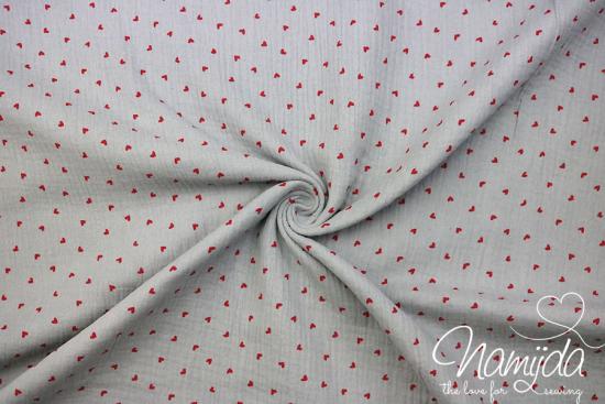 0,5 MTR. ♥ LiTTLE HEARTS DouBLE GAUZE - GRAU/RoT - Baumwollstoff ♥