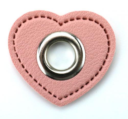 1 STÜCK HERZ KuNSTLEDER ÖSEN Patch ROSA  - 8mm - SILBER