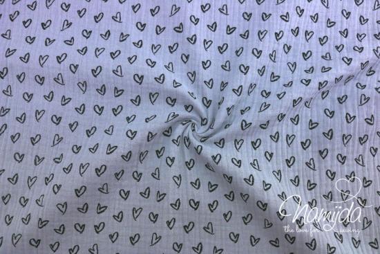 0,5 MTR. ♥ BLaCK HEARTS DuNKELGRAU - DouBLE GAUZE ♥