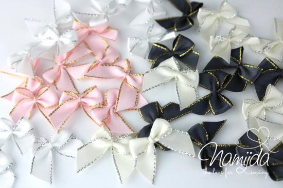 5 ♥ SATIN Schleifchen CREME - SiLBER GLITZERRAND  ♥