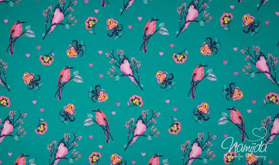 0,5 MTR. ♥ BAUMWOLLSWEAT PINK BIRDIES - PETROL