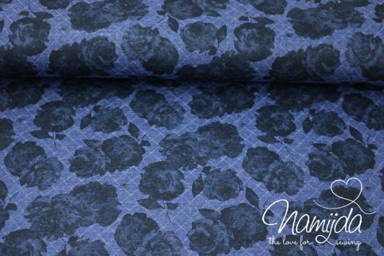 0,5 MTR. ♥ STEPPSTOFF FLOWERS SCHWARZ/JEANS - JERSEY  ♥