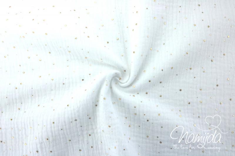 0,5 MTR. ♥ GOLDEN DOTS/PüNKTCHEN MUSSELIN WEISS ♥