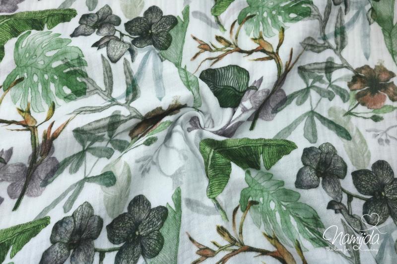 0,5 MTR. ♥ GREEN LEAVES MuSSELIN - DouBLE GAUZE ♥