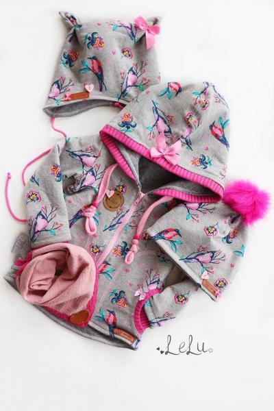 0,5 MTR. ♥ BAUMWOLLSWEAT PINK BIRDIES - PETROL