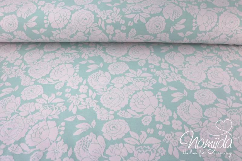 0,5 MTR.  JACQUARD STRICK BLOSSOM  MINT/ROSE - BAUMWOLLSTRICK