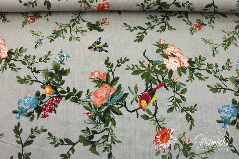 0,5 MTR. ♥ BAUMWOLL VISKOSE LEINEN FLOWERS & BIRDS TAUPE ♥