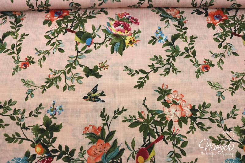 0,5 MTR. ♥ BAUMWOLL VISKOSE LEINEN FLOWERS & BIRDS RoSE ♥