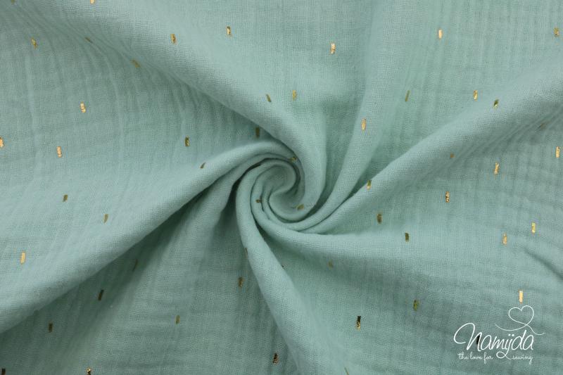 0,5 MTR. ♥ LiTTLE GOLDEN STRiPES  MuSSELIN - DUSTY MiNT - DouBLE GAUZE ♥