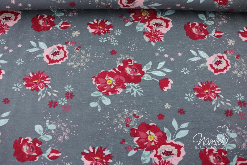 0,5 MTR.  ROSES FLOWERS GRAU - JERSEY