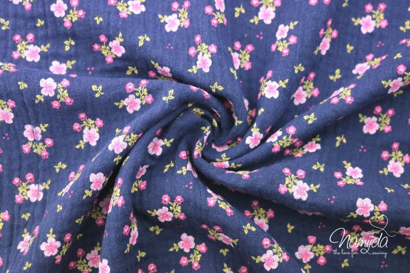 0,5 MTR. ♥ LiTTLE FLoWERS  MuSSELIN - NAVY - DouBLE GAUZE ♥