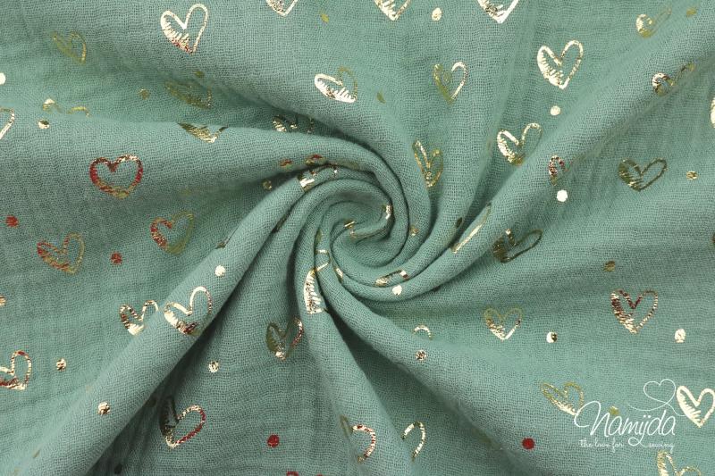 0,5 MTR. ♥ HERZCHEN FoLIENDRuCK MuSSELIN - DustyMint/GoLD- DouBLE GAUZE ♥