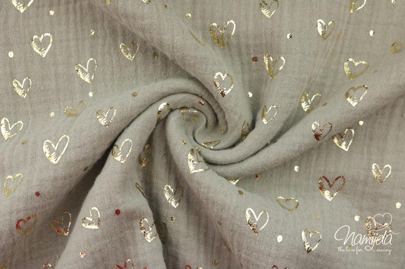 0,5 MTR. ♥ HERZCHEN FoLIENDRuCK MuSSELIN - TAUPE/GoLD- DouBLE GAUZE ♥