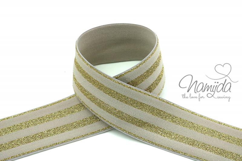 1 MTR.  GLITZER GuMMIBAND STRIPES CREME/GoLD - 4cm