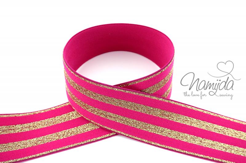 1 MTR.  GLITZER GuMMIBAND STRIPES - PiNK/GoLD - 4cm