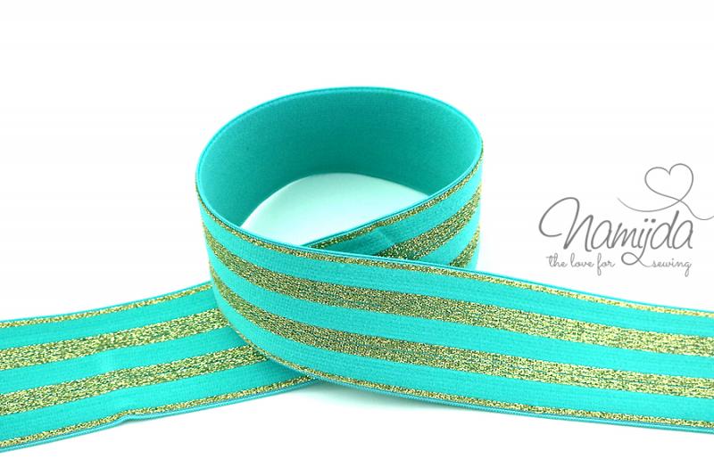 1 MTR.  GLITZER GuMMIBAND STRIPES - MINT/GoLD - 4cm