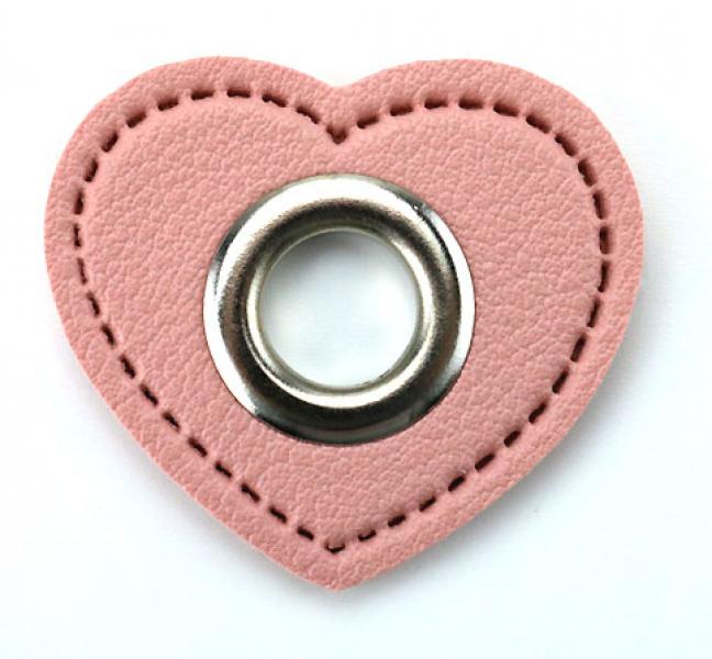 1 STÜCK HERZ KuNSTLEDER ÖSEN Patch ROSA  - 8mm - SILBER