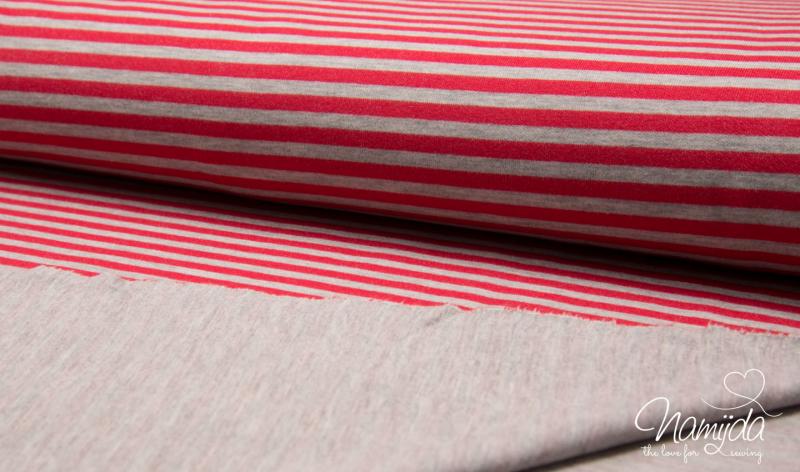 0,5 MTR. ♥ BAUMWOLLJERSEY STRIPES DouBLEFACE - RoT/GRau Melange