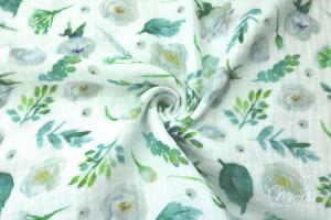 0,5 MTR. ♥ GREEN FLOWERS MuSSELIN - DouBLE GAUZE ♥