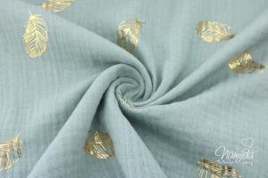 0,5 MTR. ♥ FEDERTRAUM  FoLIENDRuCK MuSSELIN - MINT/GoLD- DouBLE GAUZE ♥