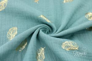 0,5 MTR. ♥ FEDERTRAUM  FoLIENDRuCK MuSSELIN - DUSTYMINT/GoLD- DouBLE GAUZE ♥