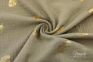 0,5 MTR. ♥ FEDERTRAUM FoLIENDRuCK MuSSELIN - TAUPE/GoLD- DouBLE GAUZE ♥