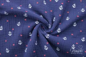 0,5 MTR. ♥ ANKER-HERZ  MuSSELIN - NAVY - DouBLE GAUZE ♥