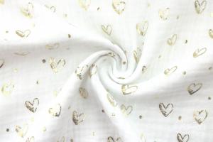 0,5 MTR. ♥ HERZCHEN FoLIENDRuCK MuSSELIN - WEISS/GoLD- DouBLE GAUZE ♥