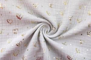 0,5 MTR. ♥ HERZCHEN FoLIENDRuCK MuSSELIN - HeLLBEIGE/GoLD- DouBLE GAUZE ♥