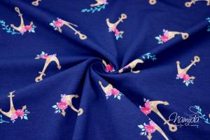 0,5 MTR.  MARITIME FLOWERS and ANCHORS - NAVY/WEISS - JERSEY