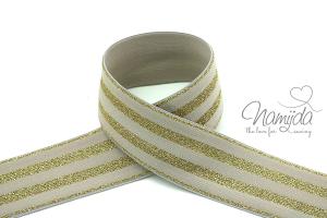 1 MTR.  GLITZER GuMMIBAND STRIPES CREME/GoLD - 4cm