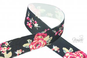 1 MTR. FLoWERS Gummiband 40mm - SCHWARZ-PiNK