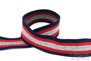 1 MTR. GLiTTER CONTRAST STRIPES - NAVY-RoT-SILBER - 3cm - elastisch