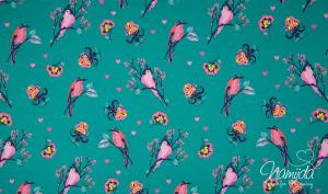 0,5 MTR. ♥ BAUMWOLLSWEAT PINK BIRDIES - PETROL