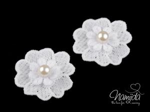 1 Stck. ♥Spitze Blumen Applikationen mit Perle - CREME - 4cm ♥